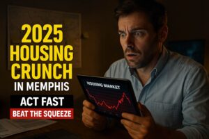 This thumbnail leverages a high-impact emotional strategy rooted in urgency and FOMO, perfectly aligned with the core message of this episode: the tightening Memphis real estate market in 2025. As discussed, inventory is shrinking, yields are adjusting, and new construction is down—signaling a critical window for investors. The concerned expression of the investor holding a tablet showing a plummeting housing chart visually amplifies the theme of market pressure and rising competition. Coupled with bold messaging like “ACT FAST” and “BEAT THE SQUEEZE,” the image speaks directly to those still on the sidelines, encouraging them to make a move before prices climb and opportunities vanish. This reflects the podcast’s urgency in guiding listeners toward strategic real estate plays before the anticipated 2026 boom.