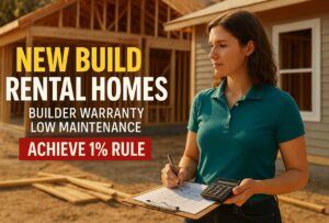 A 36-year-old female investor, standing confidently in front of a partially constructed house. She’s wearing a fitted teal polo shirt and dark jeans, with a clipboard in one hand and a calculator in the other. Her brow is slightly furrowed in focus as she runs the numbers, yet there's a spark of satisfaction in her eyes—she’s crunching and confirming this deal hits the 1% rule.