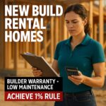 Real Estate Investing Podcast - 5 O'Clock Somewhere A 36-year-old female investor, standing confidently in front of a partially constructed house. She’s wearing a fitted teal polo shirt and dark jeans, with a clipboard in one hand and a calculator in the other. Her brow is slightly furrowed in focus as she runs the numbers, yet there's a spark of satisfaction in her eyes—she’s crunching and confirming this deal hits the 1% rule. Artwork for MP3 episode file.