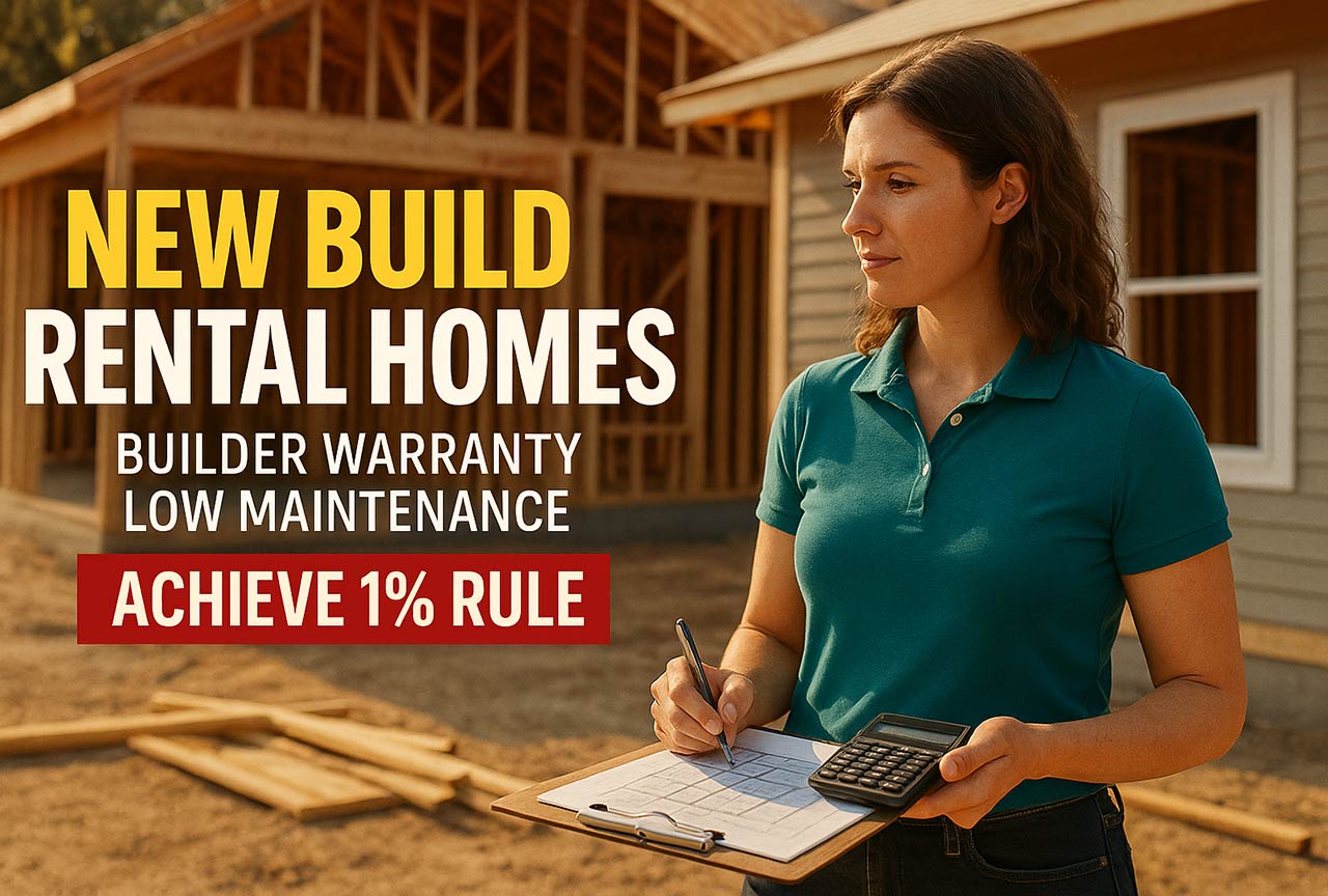 A 36-year-old female investor, standing confidently in front of a partially constructed house. She’s wearing a fitted teal polo shirt and dark jeans, with a clipboard in one hand and a calculator in the other. Her brow is slightly furrowed in focus as she runs the numbers, yet there's a spark of satisfaction in her eyes—she’s crunching and confirming this deal hits the 1% rule.