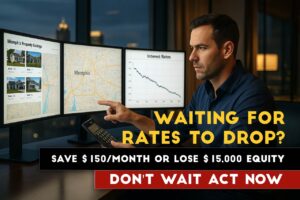 A confident 38-year-old male real estate investor sitting at a modern desk with multiple computer monitors showing Memphis property listings and interest rate charts. He's wearing a navy blue button-down shirt, holding a calculator in one hand and pointing at a graph showing declining interest rates with the other. His expression shows focused determination as he analyzes whether to buy now or wait for rates to drop.