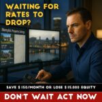 Real Estate Investing Podcast - 5 O'Clock Somewhere A confident 38-year-old male real estate investor sitting at a modern desk with multiple computer monitors showing Memphis property listings and interest rate charts. He's wearing a navy blue button-down shirt, holding a calculator in one hand and pointing at a graph showing declining interest rates with the other. His expression shows focused determination as he analyzes whether to buy now or wait for rates to drop.