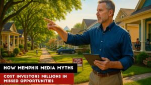 A confident 45-year-old male real estate investment professional standing on a well-maintained Memphis neighborhood street during golden hour, wearing a navy blue business shirt and khakis. He's holding a tablet showing property analytics while pointing toward renovated rental homes with manicured lawns. The background shows diverse, friendly neighbors sitting peacefully on front porches and children playing safely, demonstrating the safe, family-friendly nature of Memphis investment neighborhoods despite negative media perceptions about crime and safety.