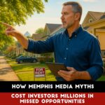 Real Estate Investing Podcast - 5 O'Clock Somewhere Real estate expert on peaceful Memphis street with well-maintained rental homes and happy families, visually contradicting negative stereotypes about Memphis investment property safety and crime concerns.