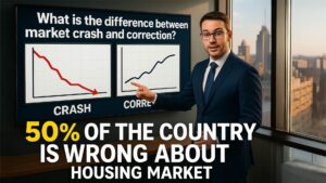 A confident real estate expert in a navy business suit standing in front of a large wall-mounted monitor displaying side-by-side market charts comparing a dramatic red downward crash line versus a gentler correction curve. He's pointing to the charts while explaining the differences, with Memphis skyline visible through office windows in the background. His expression shows expertise and clarity as he educates viewers about market terminology.