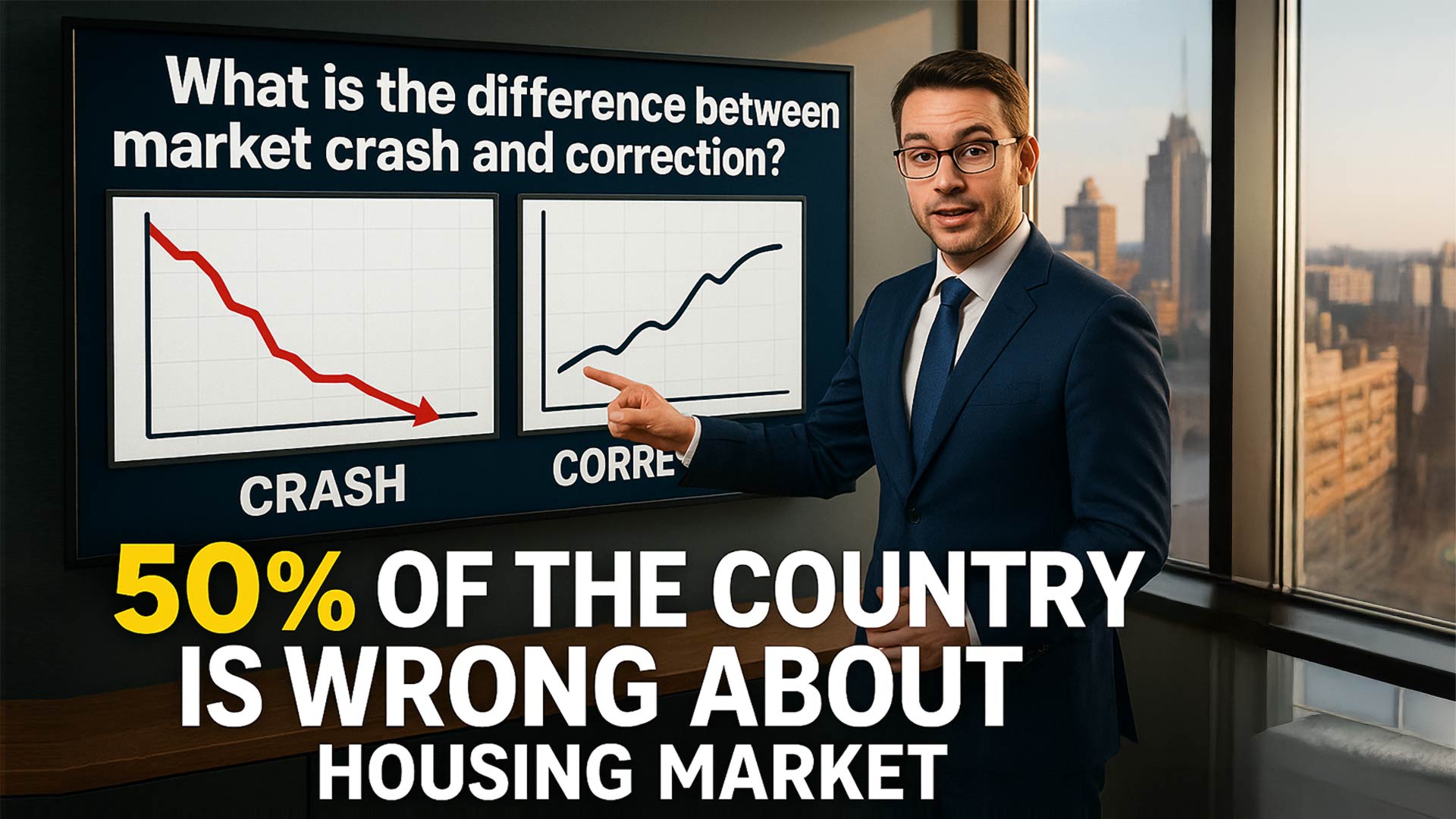 A confident real estate expert in a navy business suit standing in front of a large wall-mounted monitor displaying side-by-side market charts comparing a dramatic red downward crash line versus a gentler correction curve. He's pointing to the charts while explaining the differences, with Memphis skyline visible through office windows in the background. His expression shows expertise and clarity as he educates viewers about market terminology.