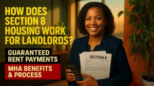 A professional 42-year-old female Memphis Housing Authority placement specialist sitting at a modern office desk with multiple computer monitors displaying MHA voucher listings and fair market rent calculations. She's wearing a navy blue blazer, holding Section 8 paperwork in one hand while pointing at a chart showing guaranteed rental income figures with the other. Her expression shows confident expertise as she explains how Section 8 housing works for landlords, with Memphis skyline visible through the office window behind her.