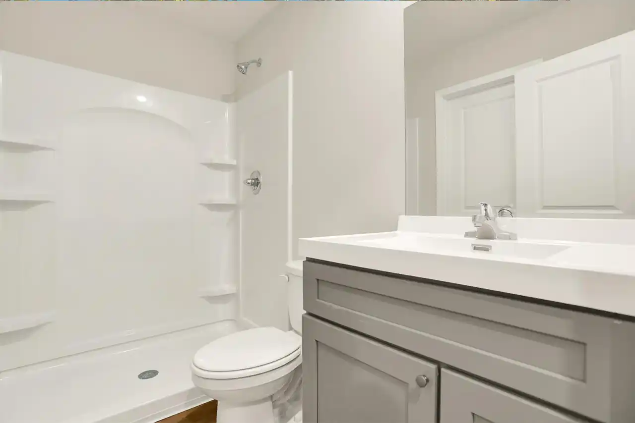Master bathroom with step-in shower, single-sink vanity and modern lighting