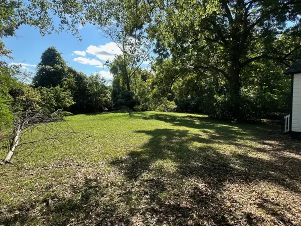 Spacious backyard with mature trees, grassy area, and open space for recreation