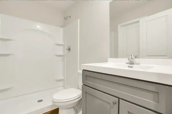Master bathroom with step-in shower, single-sink vanity and modern lighting