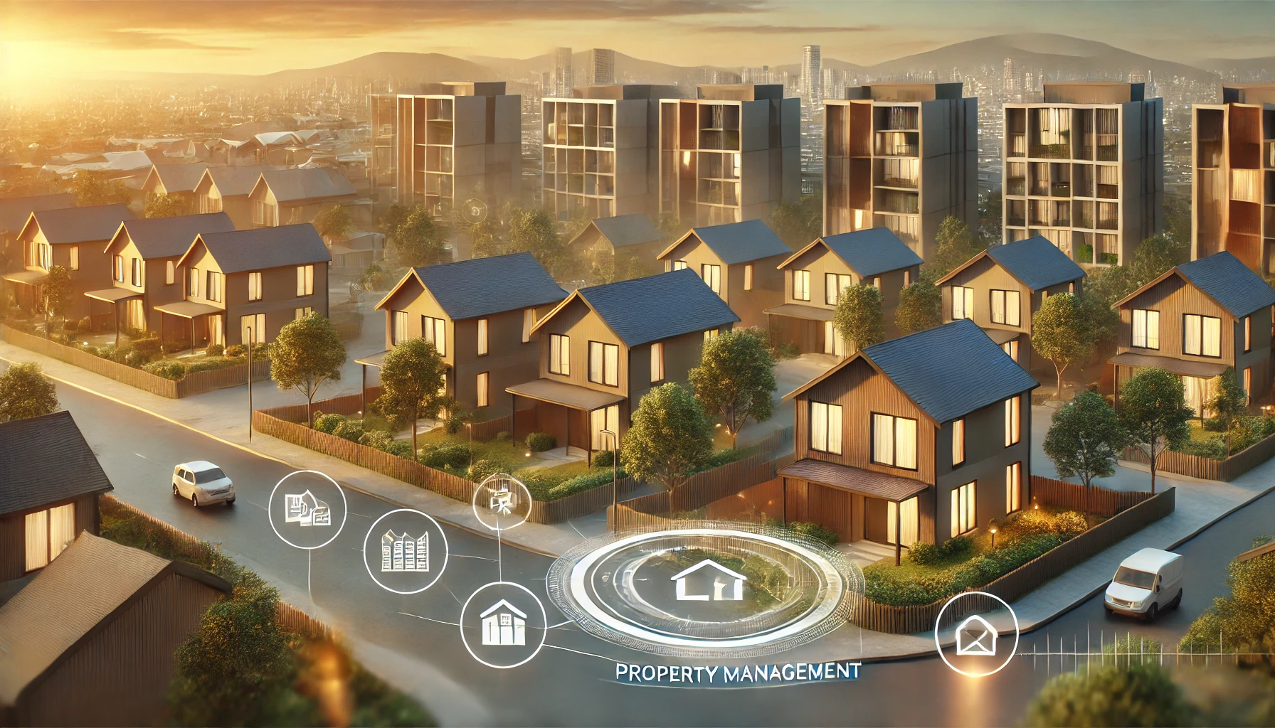 Illustration of choosing the Right Property Management Company with modern residential houses in the background and property management flow chart overlayed.